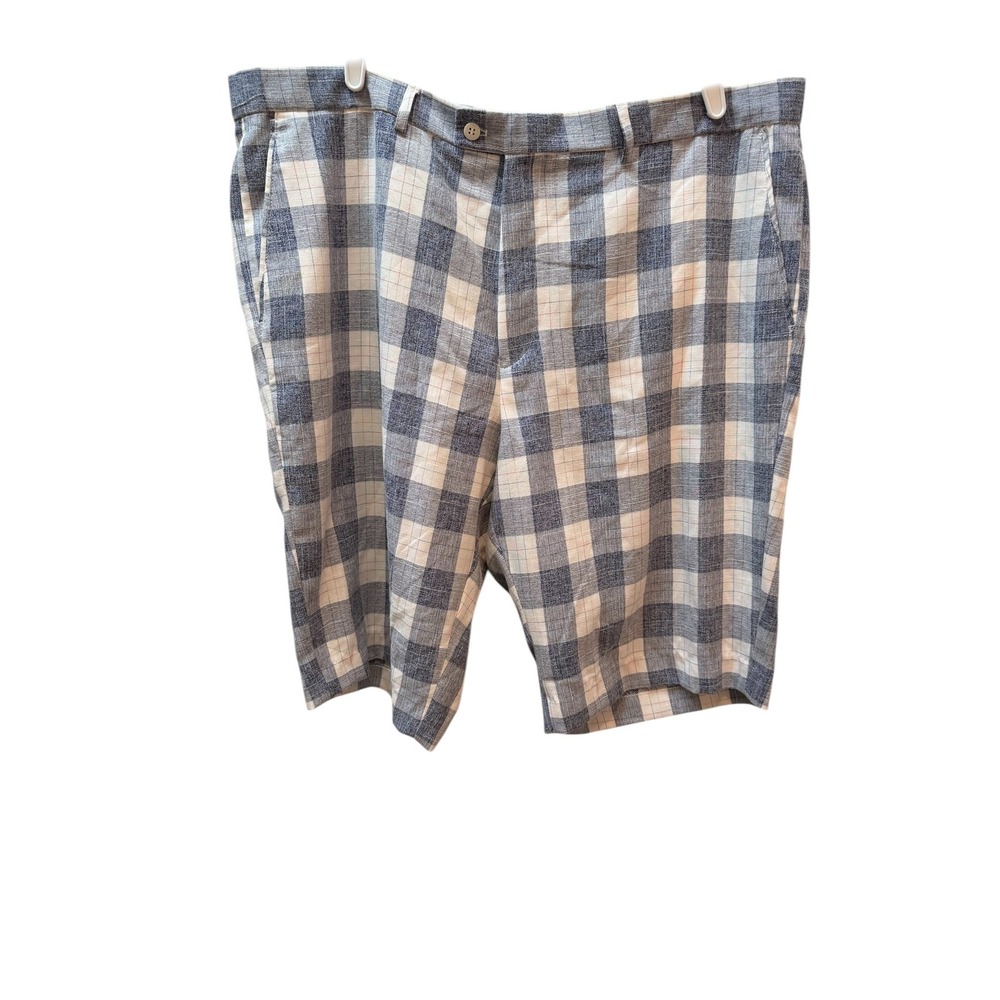Linea Uomo Shorts Mens 42 Blue White Buffalo Check Plaid Cotton Flat Front